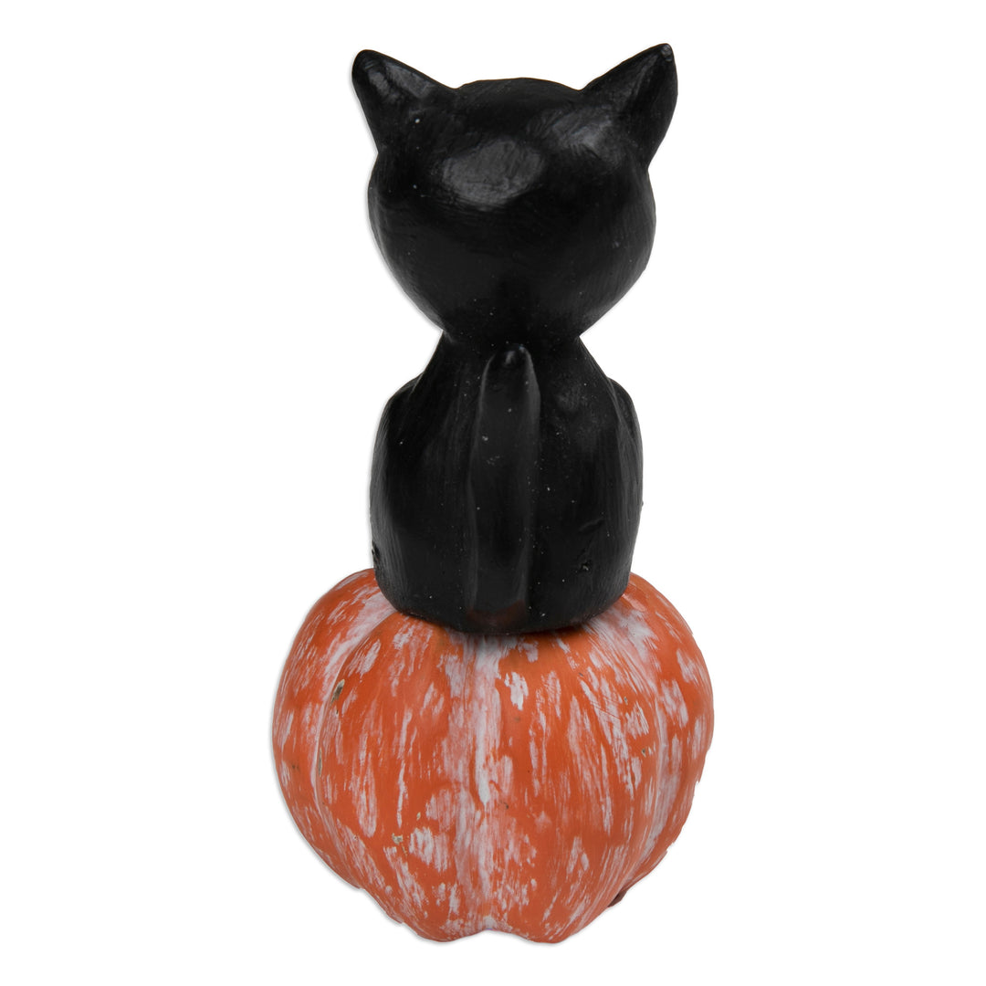 Halloween-Themed Albesia Wood Cat and Pumpkin Sculpture - Cat on the Halloween Night