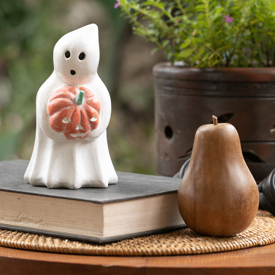 Halloween-Themed Albesia Wood Ghost and Pumpkin Sculpture - Pumpkin Gift