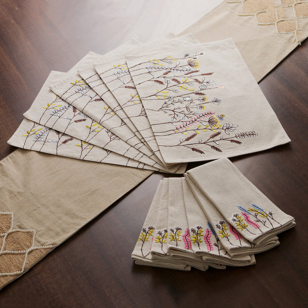 Set of 12 Embroidered Floral Cotton Placemats and Napkins - Floral Banquet