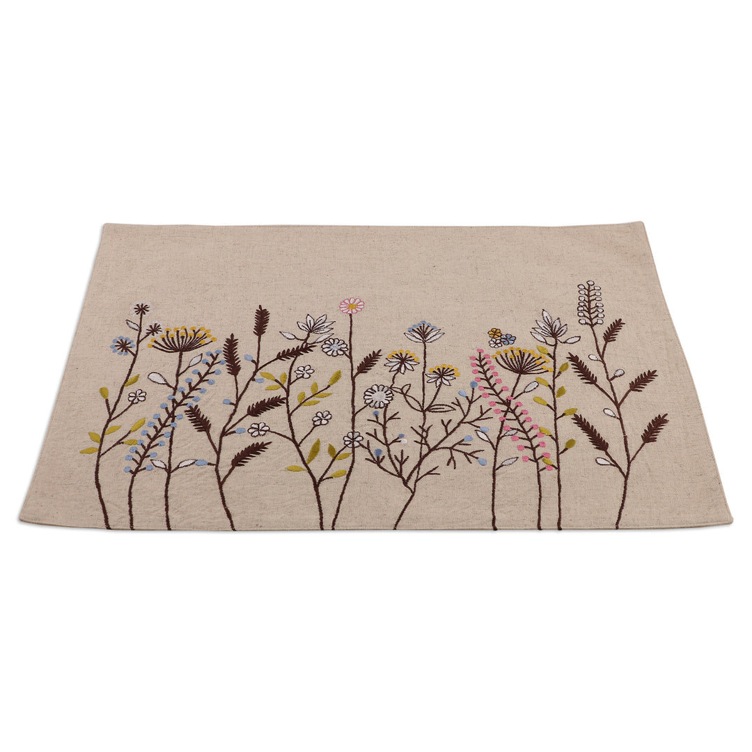 Set of 12 Embroidered Floral Cotton Placemats and Napkins - Floral Banquet