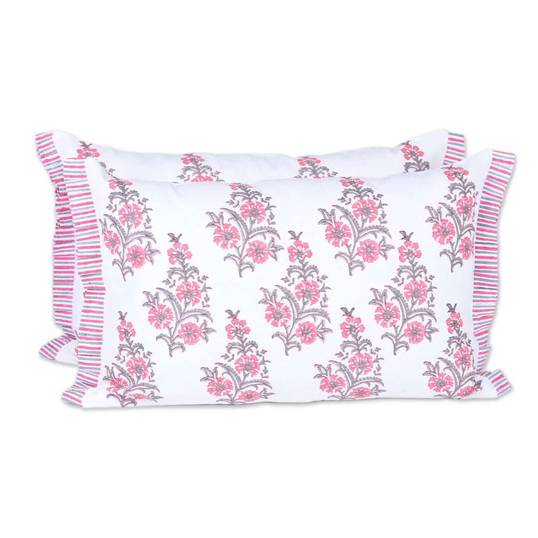 2 Pink and White Floral Block Print Cotton Cushion Covers - Cheerful Flowers