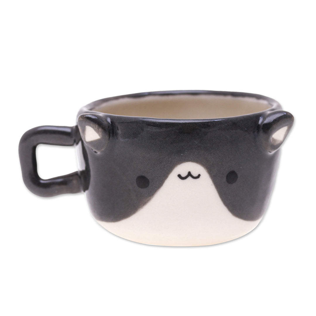 Thai Animal-Themed Ceramic Grey & White Cat Espresso Cup - Feline Demitasse