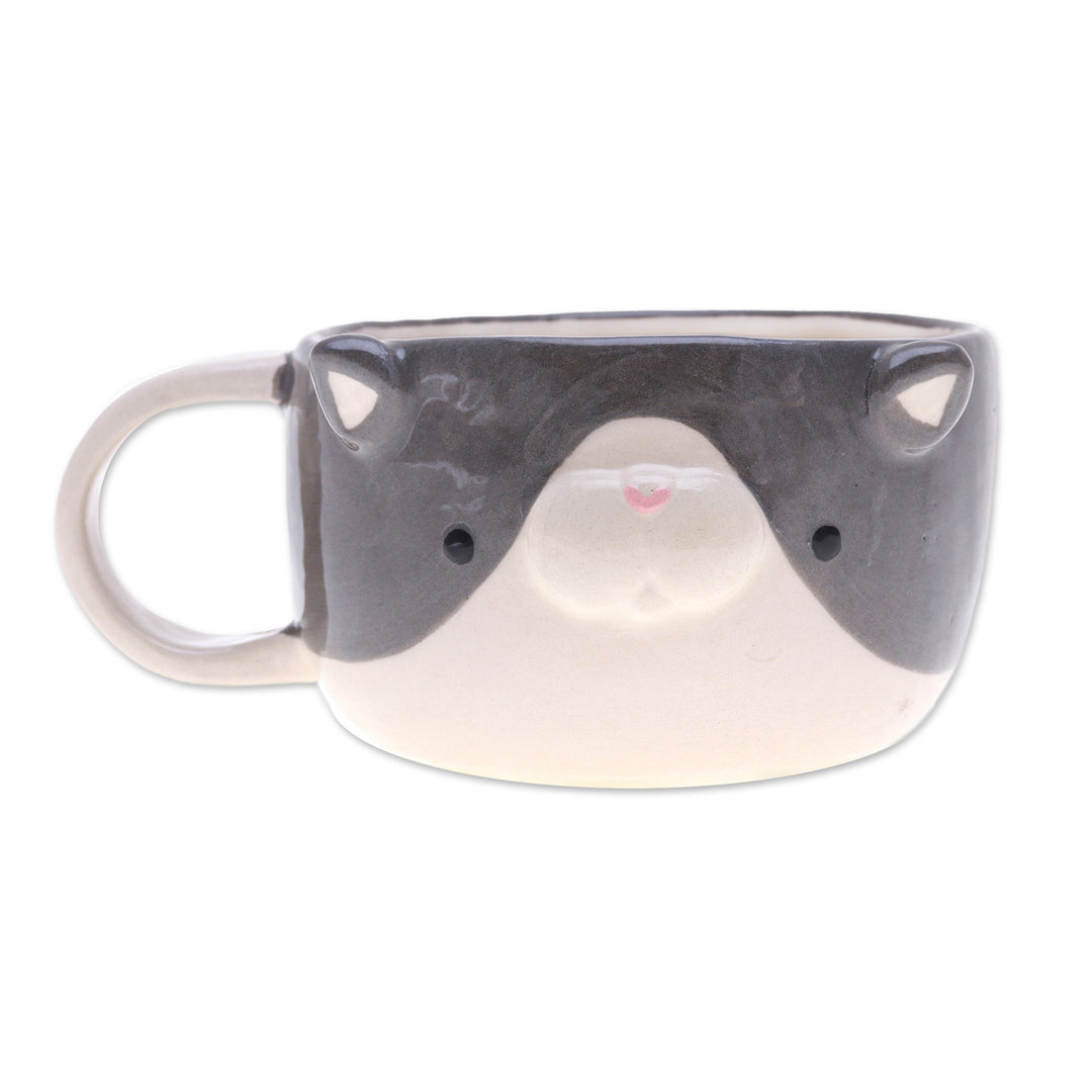 Whimsical 6 oz Ceramic Grey Cat Cup with a Glossy Finish - Feline Elixir