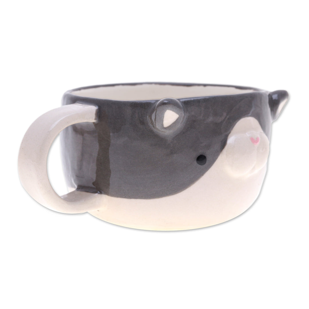 Whimsical 6 oz Ceramic Grey Cat Cup with a Glossy Finish - Feline Elixir