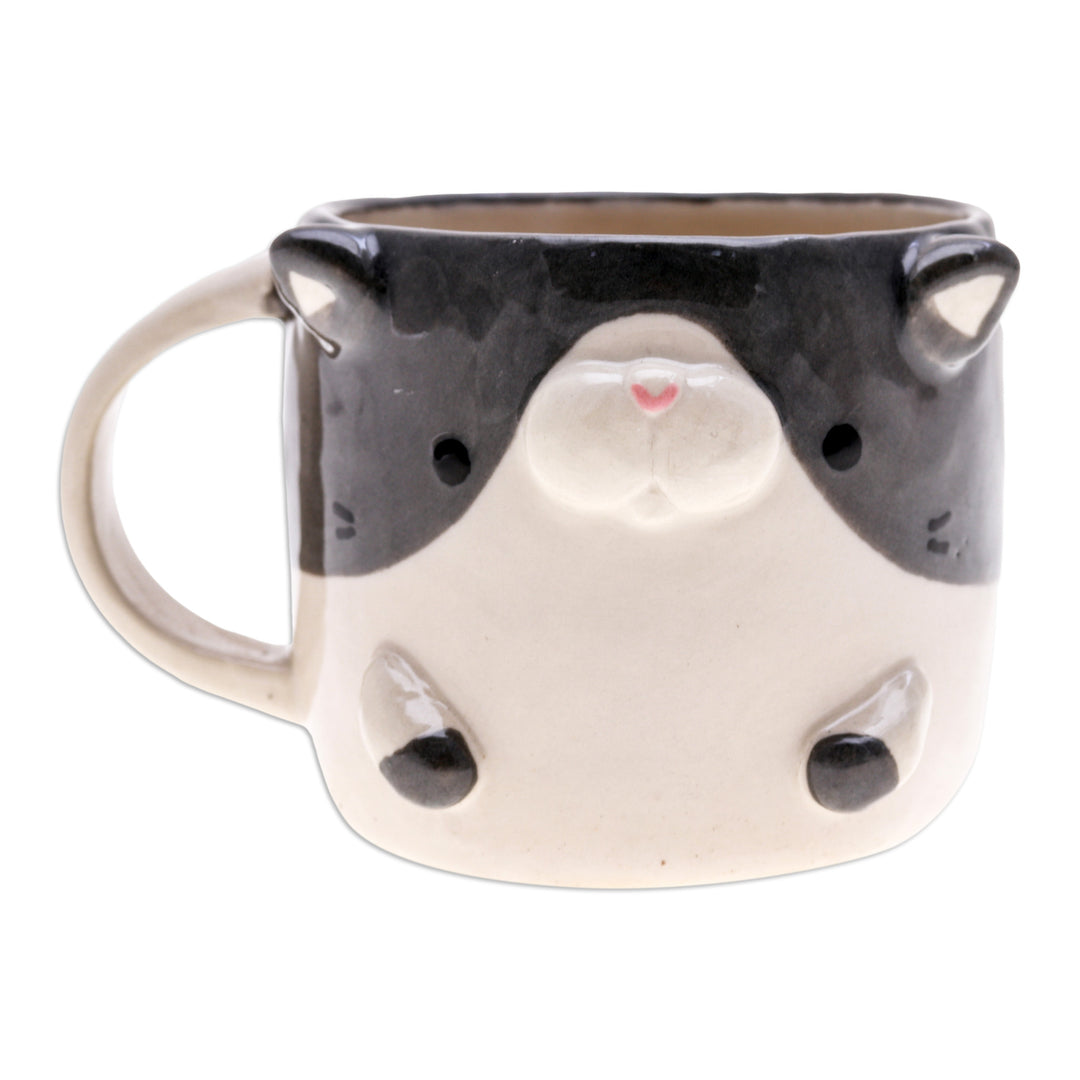 Thai Handcrafted 9 oz Glazed Ceramic Cat Mug - Bicolor Cat Morning