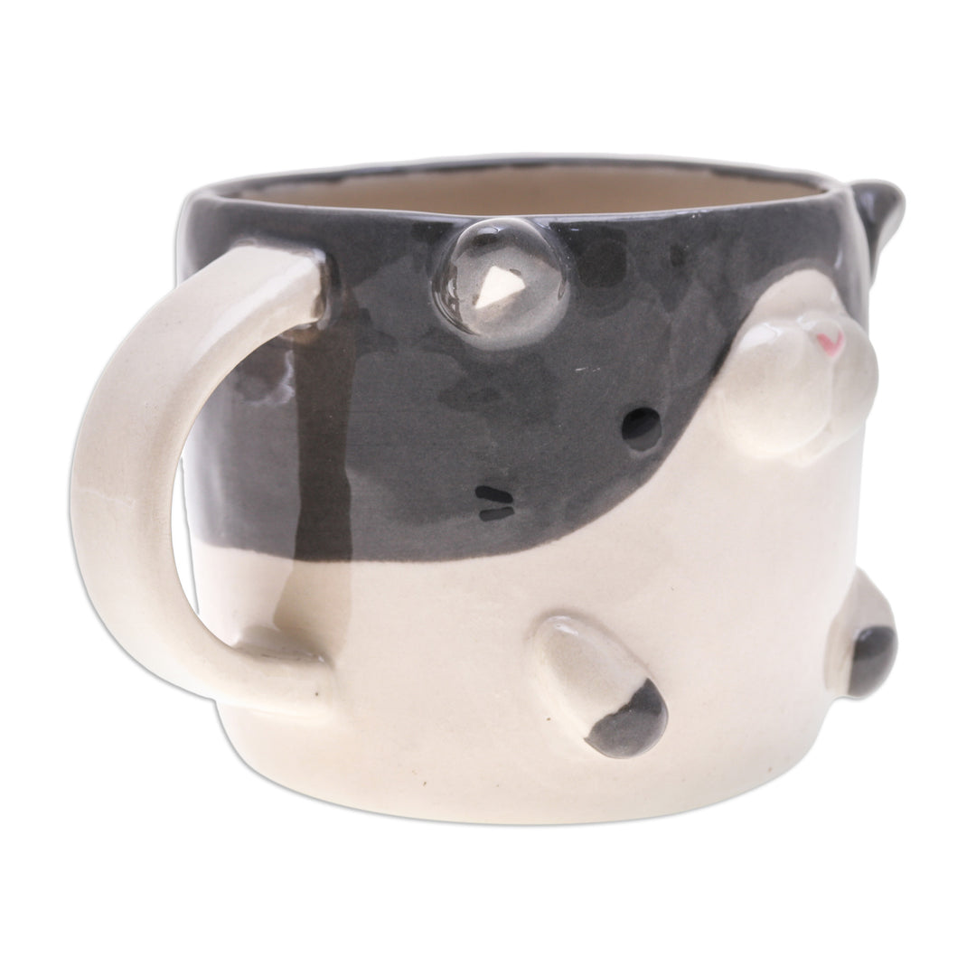 Thai Handcrafted 9 oz Glazed Ceramic Cat Mug - Bicolor Cat Morning