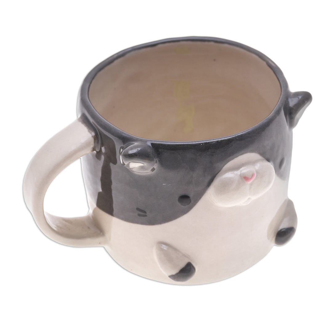 Thai Handcrafted 9 oz Glazed Ceramic Cat Mug - Bicolor Cat Morning