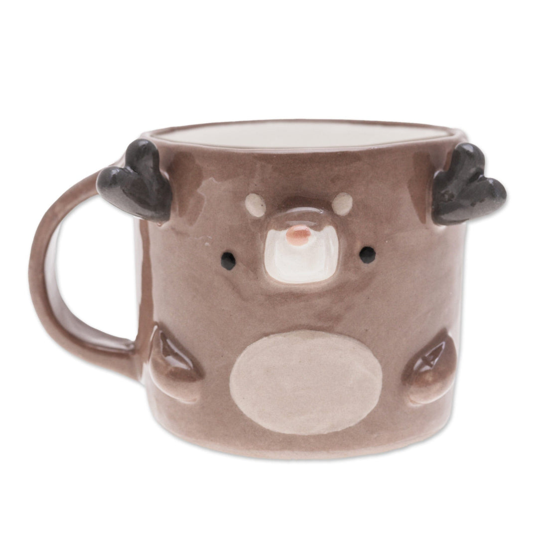 Fair Trade Glossy-Finished 9 oz Brown Ceramic Deer Mug - Deer Morning