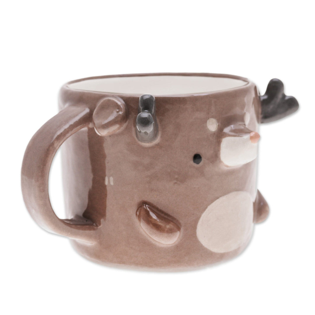 Fair Trade Glossy-Finished 9 oz Brown Ceramic Deer Mug - Deer Morning