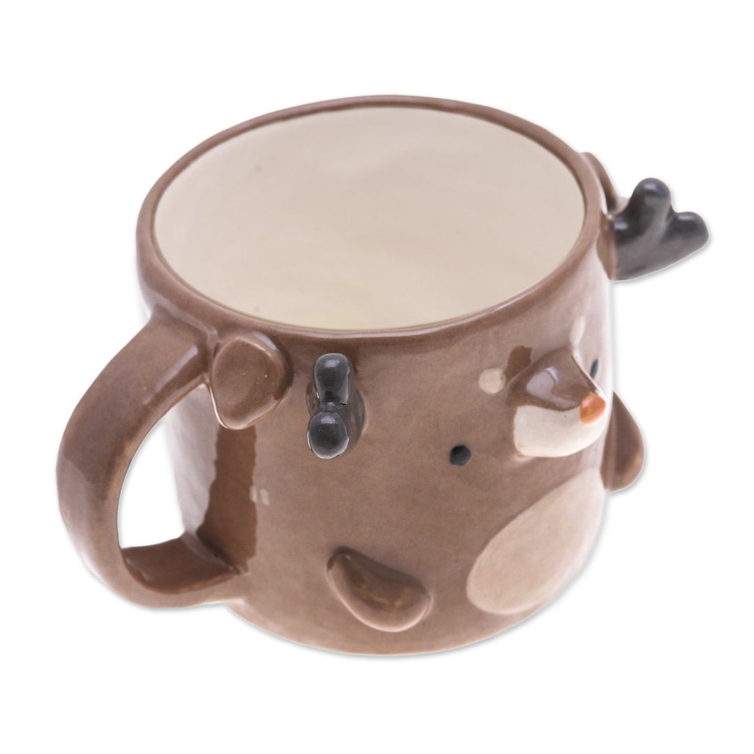 Fair Trade Glossy-Finished 9 oz Brown Ceramic Deer Mug - Deer Morning