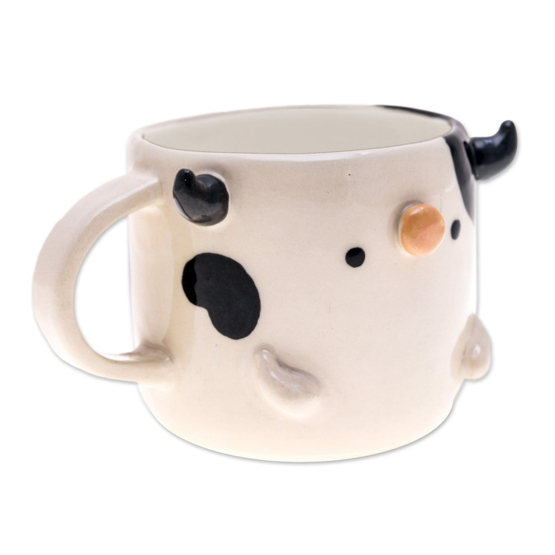 Hand Made 9 oz Glazed Ceramic Cow Mug from Thailand - Cow Morning