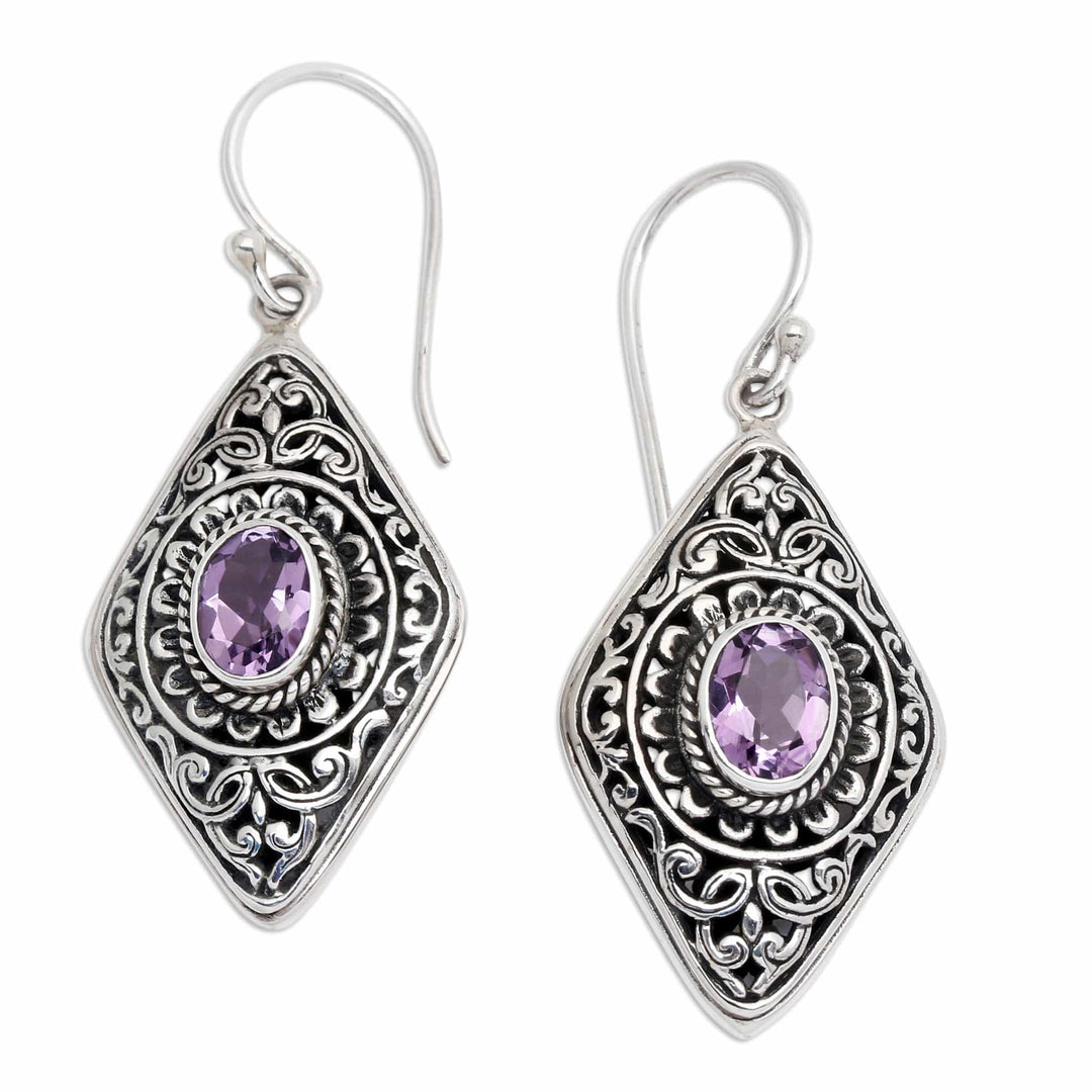 Diamond-Shaped Leafy 2-Carats Amethyst Dangle Earrings - Amethyst Heaven