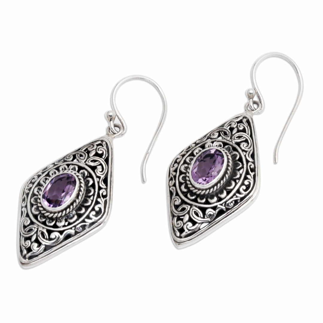 Diamond-Shaped Leafy 2-Carats Amethyst Dangle Earrings - Amethyst Heaven