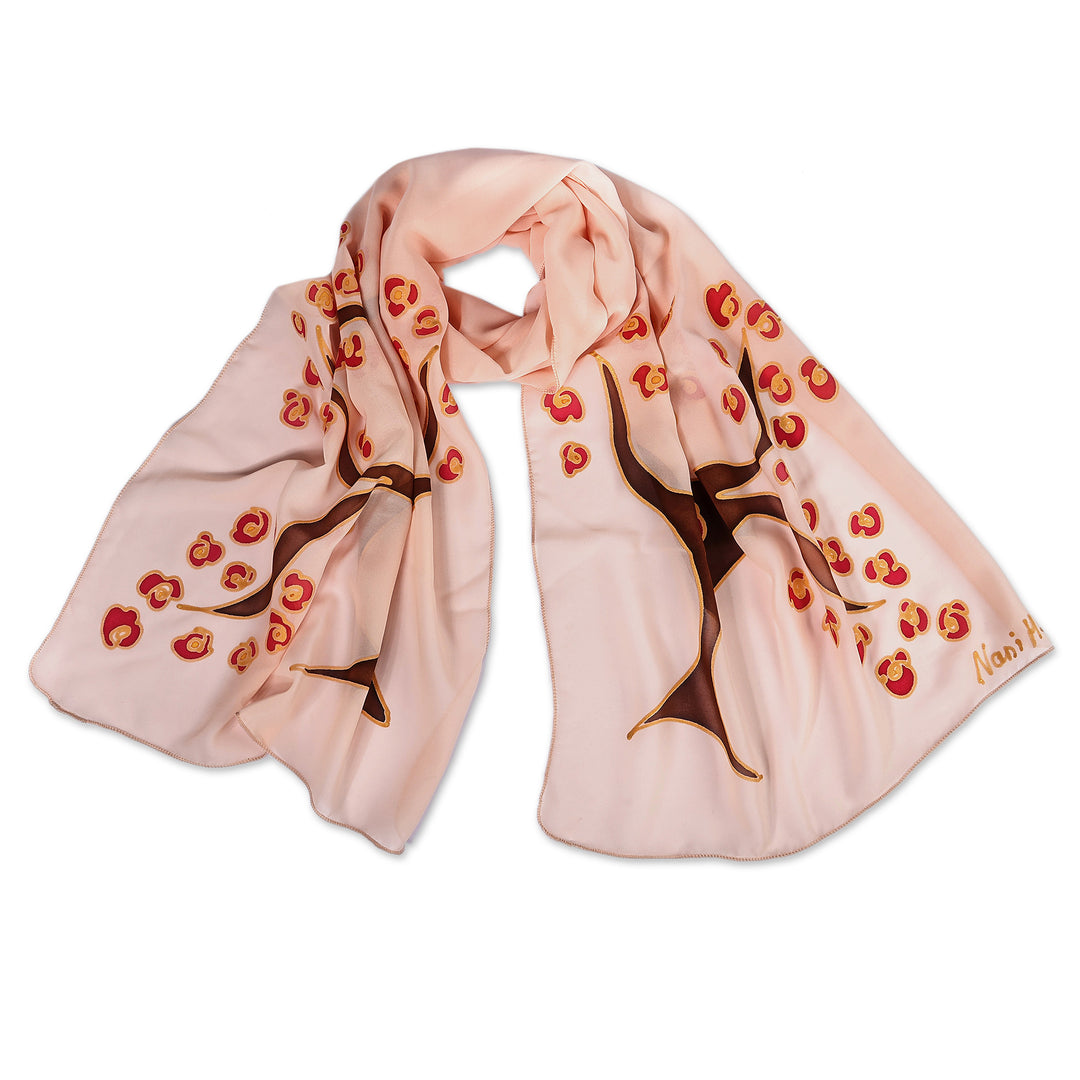 Hand-Painted Tree of Life-Themed Silk Scarf in a Peach Hue - Tree of Grace