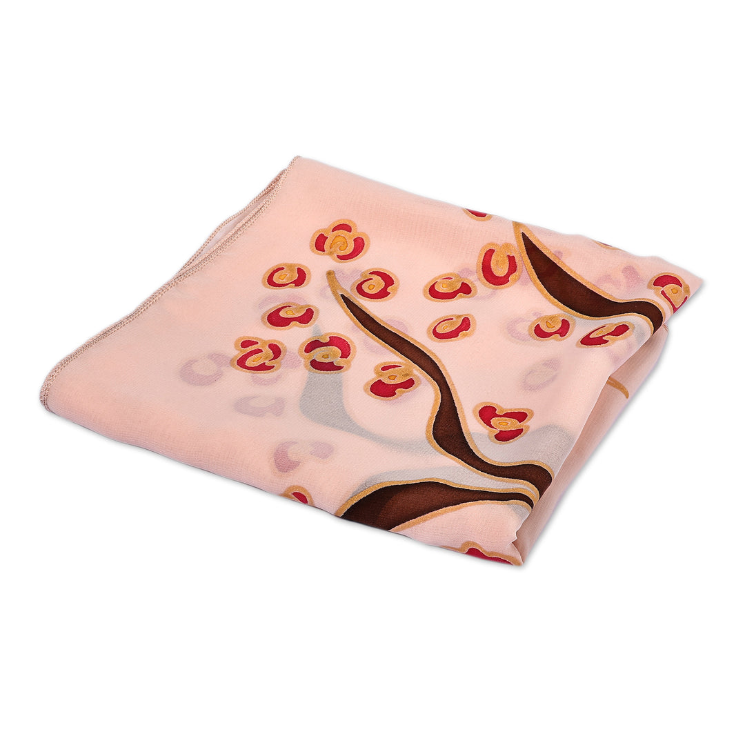 Hand-Painted Tree of Life-Themed Silk Scarf in a Peach Hue - Tree of Grace