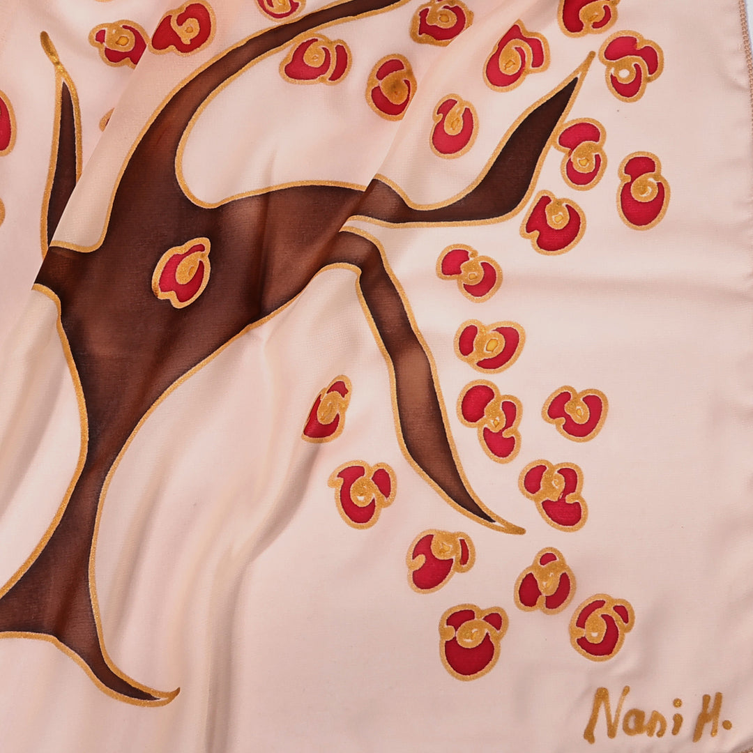 Hand-Painted Tree of Life-Themed Silk Scarf in a Peach Hue - Tree of Grace