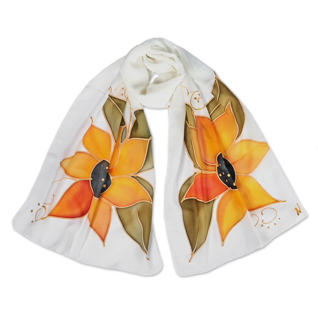 Soft Ivory Silk Scarf with Hand-Painted Sunflower Details - Radiant Sunflower