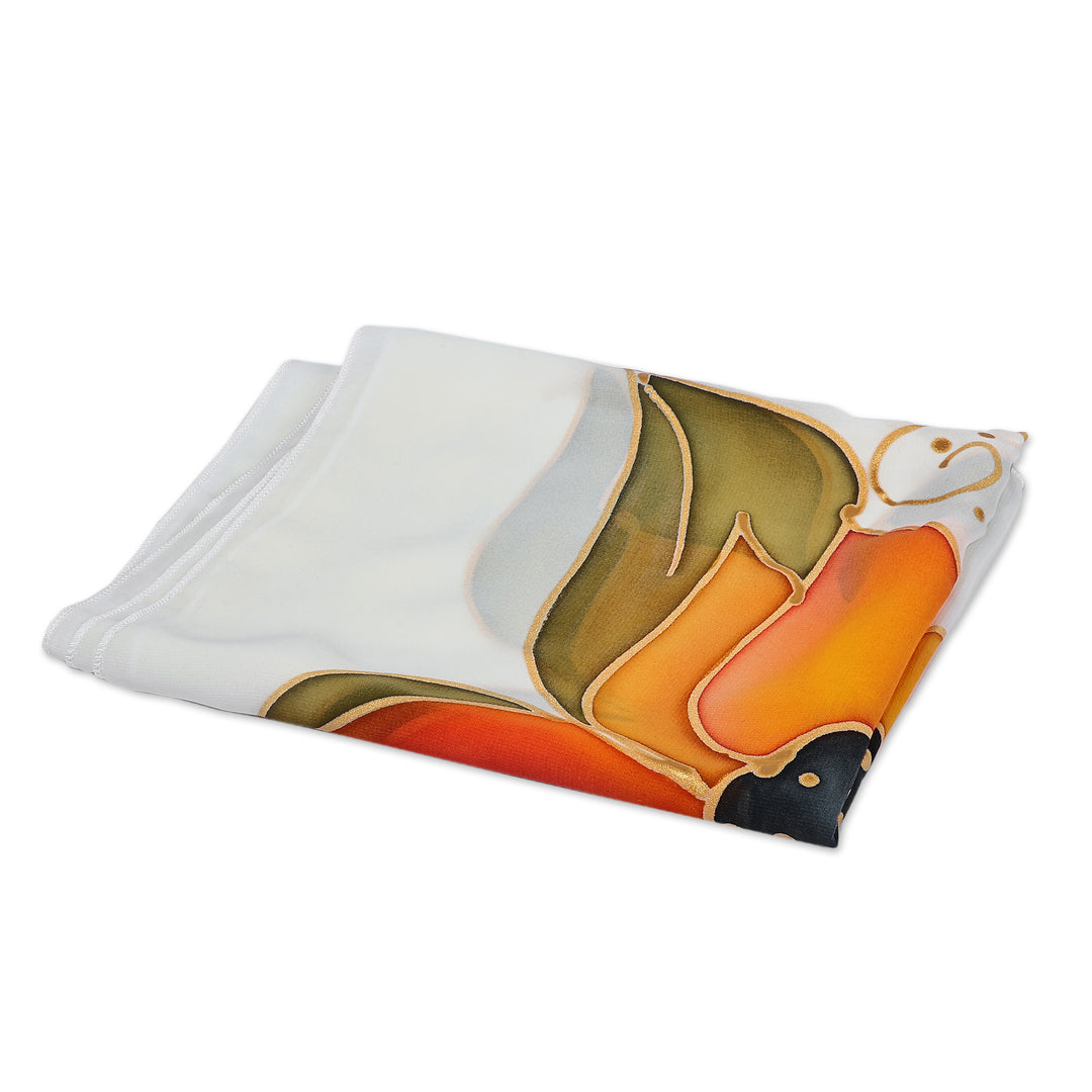 Soft Ivory Silk Scarf with Hand-Painted Sunflower Details - Radiant Sunflower