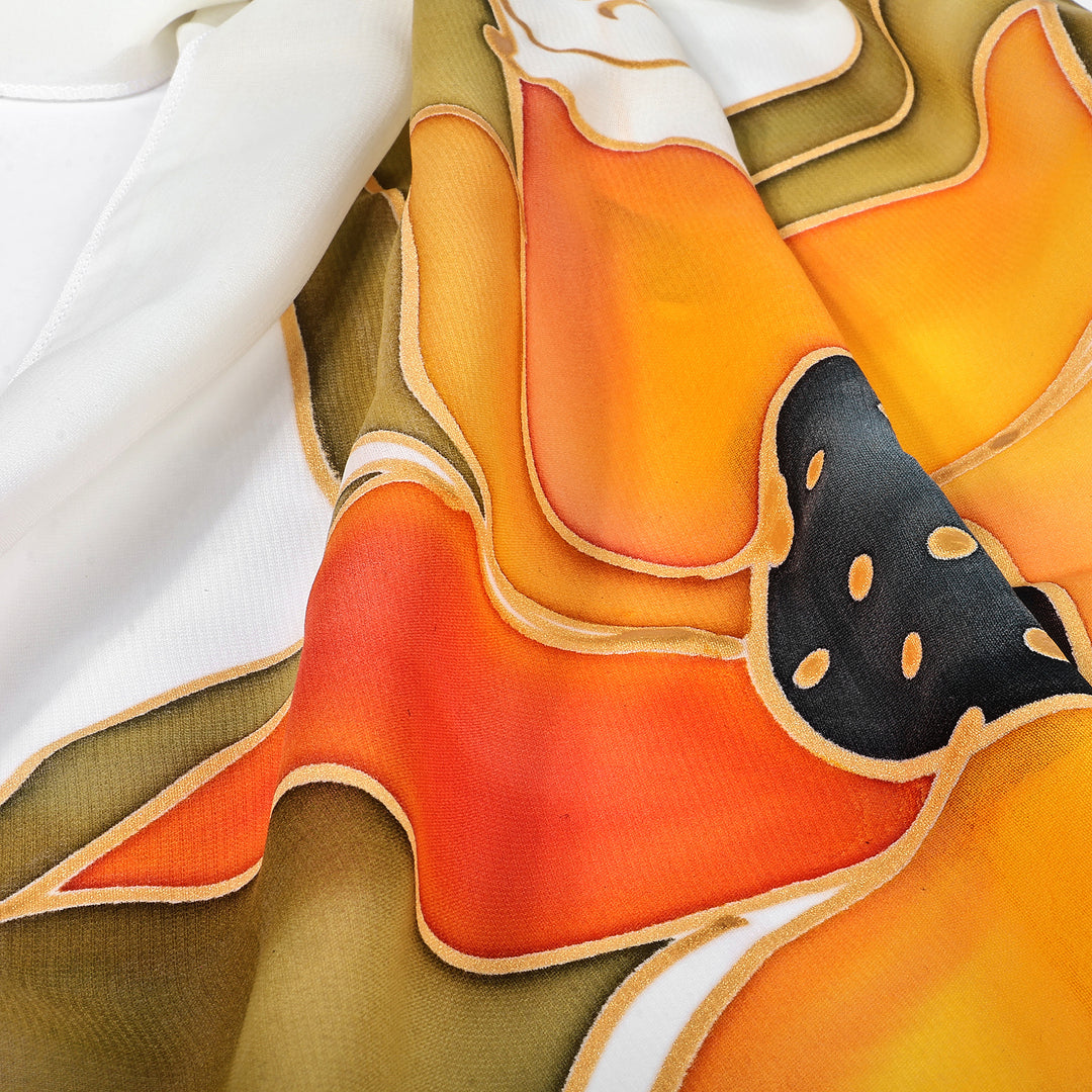 Soft Ivory Silk Scarf with Hand-Painted Sunflower Details - Radiant Sunflower