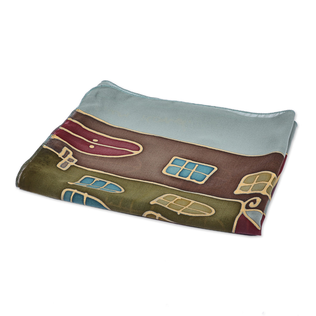 Artisan-Made Hand-Painted Cityscape-Themed Green Silk Scarf - My City