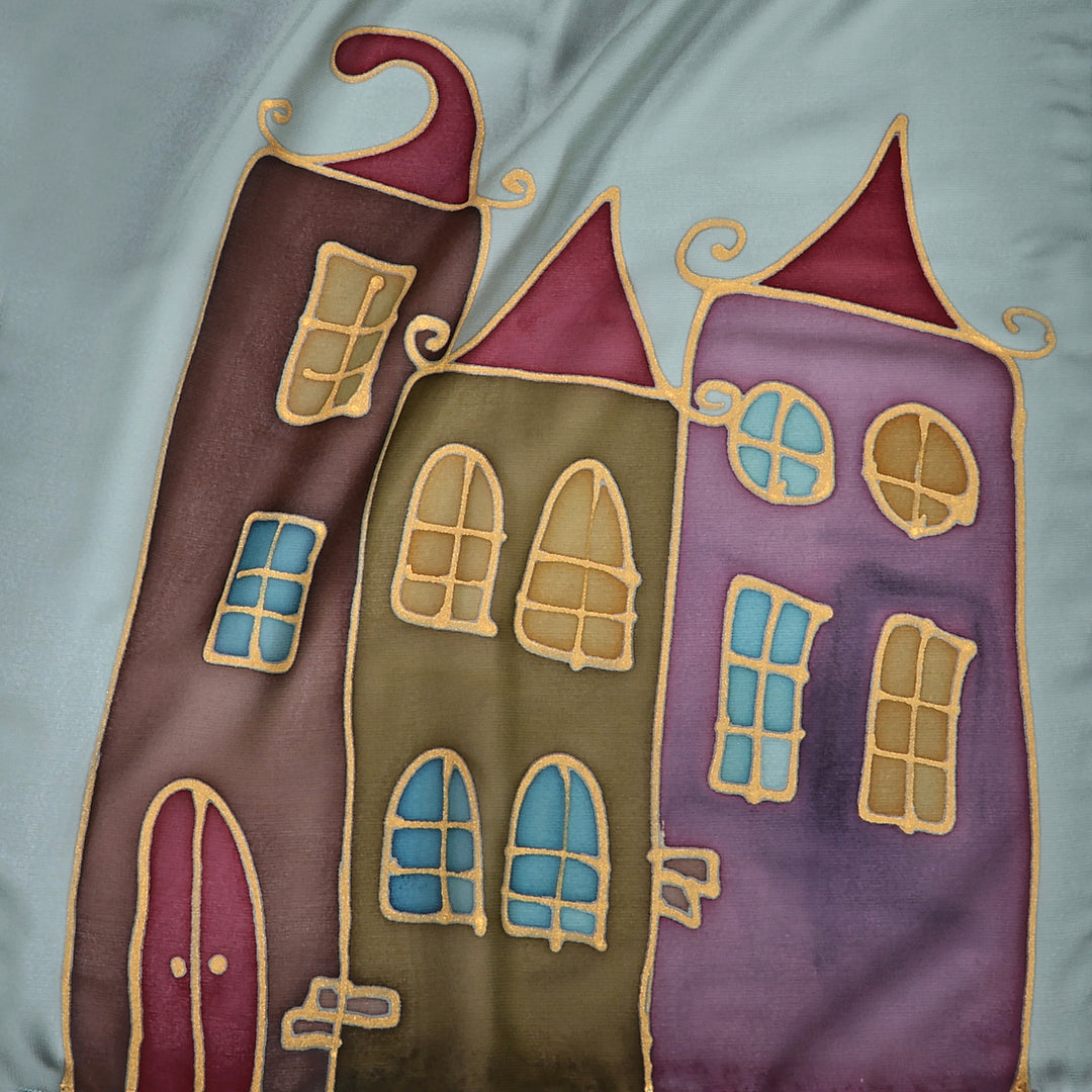 Artisan-Made Hand-Painted Cityscape-Themed Green Silk Scarf - My City