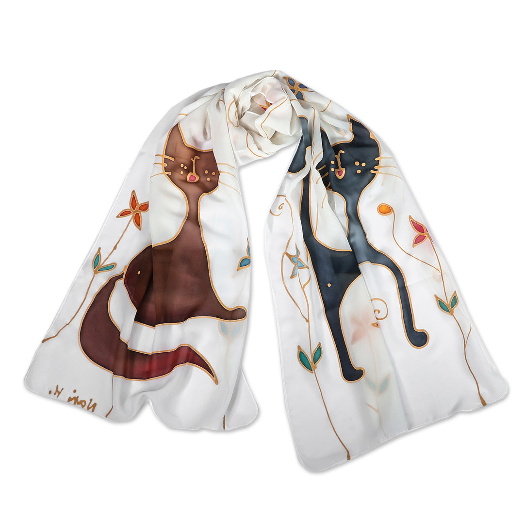 Feline-Themed Hand-Painted Ivory Silk Scarf Made in Armenia - Feline Me