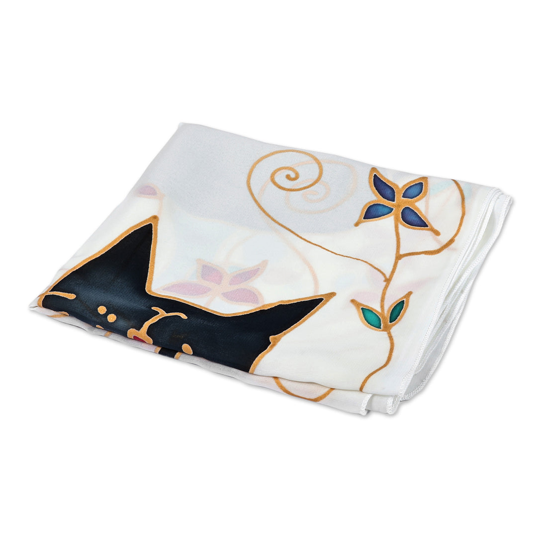 Feline-Themed Hand-Painted Ivory Silk Scarf Made in Armenia - Feline Me