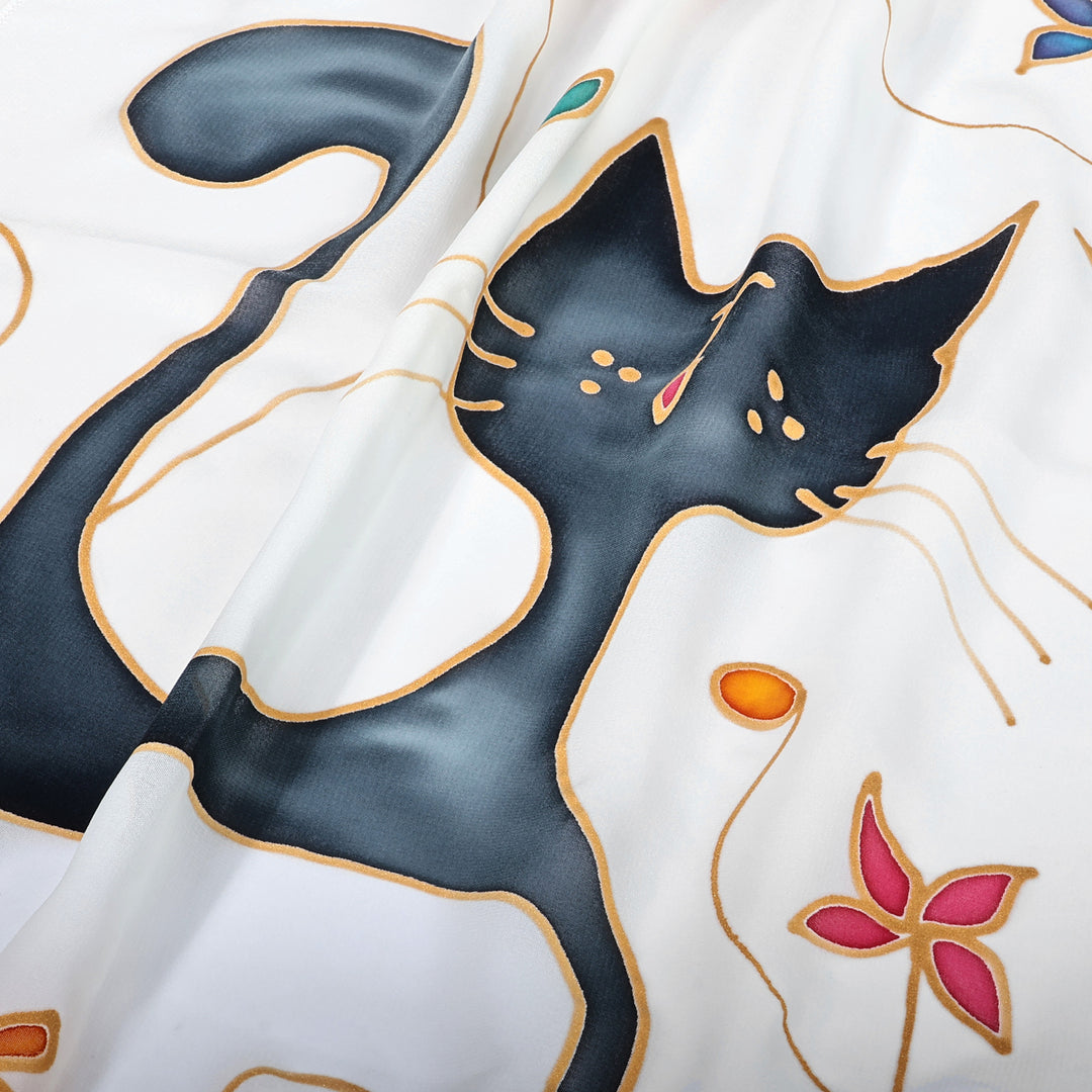 Feline-Themed Hand-Painted Ivory Silk Scarf Made in Armenia - Feline Me