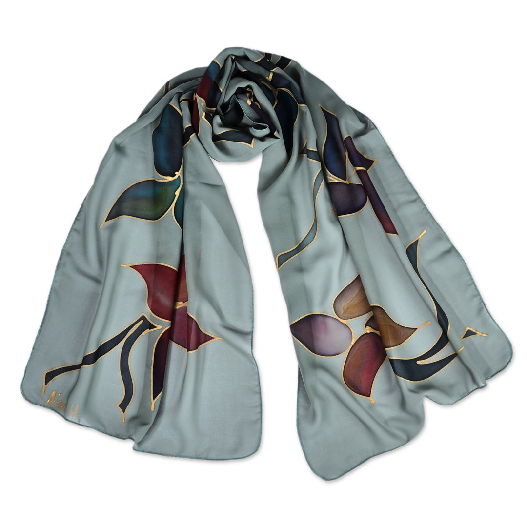 Handcrafted Armenian Floral Soft Silk Scarf in Green Hues - Serene Petals