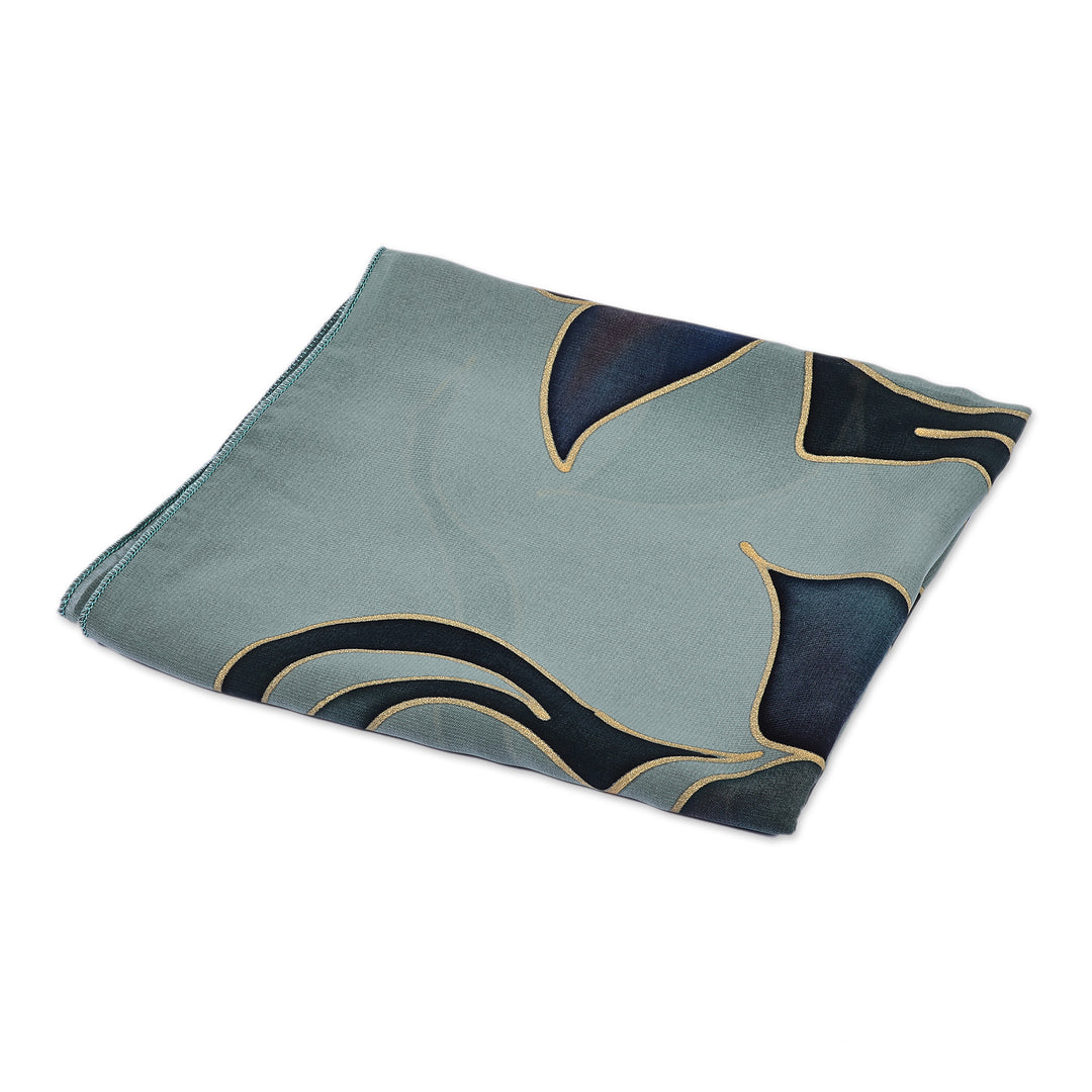 Handcrafted Armenian Floral Soft Silk Scarf in Green Hues - Serene Petals