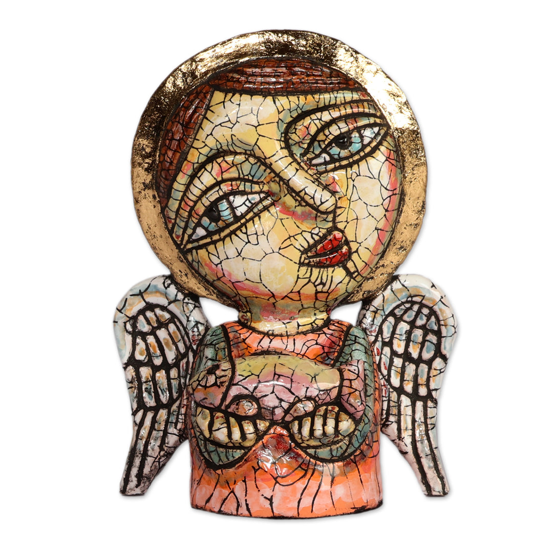 Antiqued Crackled Angel and Fish-Themed Ceramic Sculpture - Angel of Prosperity
