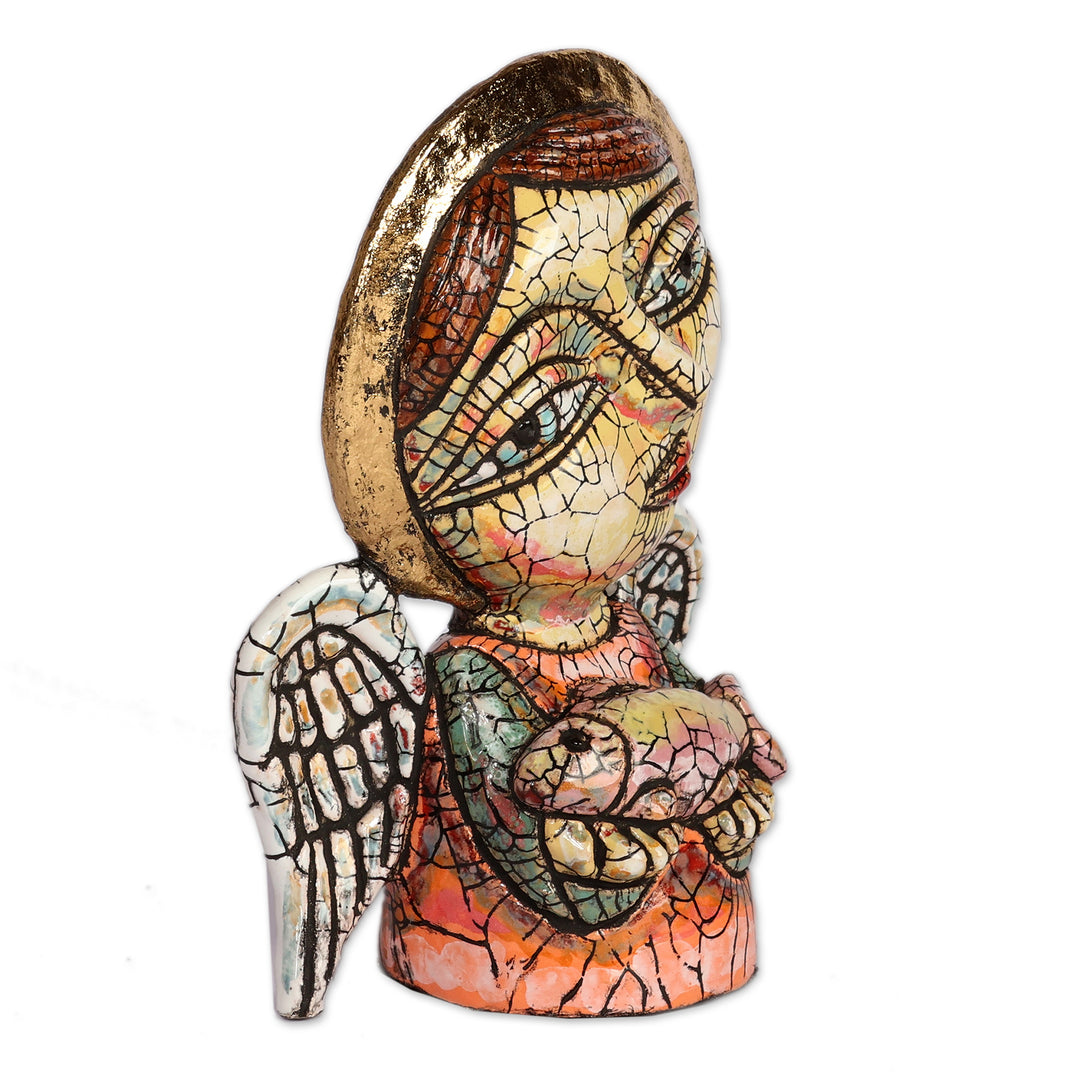 Antiqued Crackled Angel and Fish-Themed Ceramic Sculpture - Angel of Prosperity