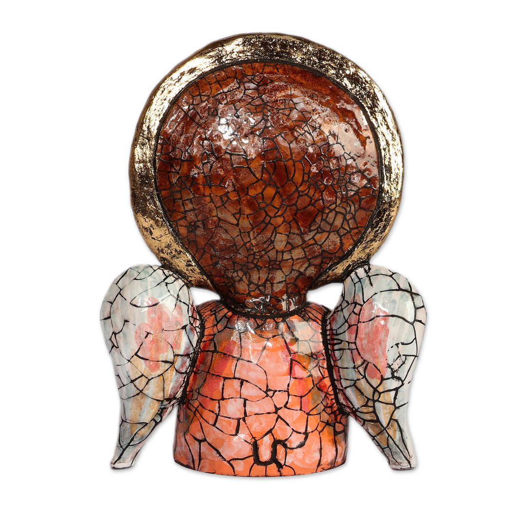 Antiqued Crackled Angel and Fish-Themed Ceramic Sculpture - Angel of Prosperity