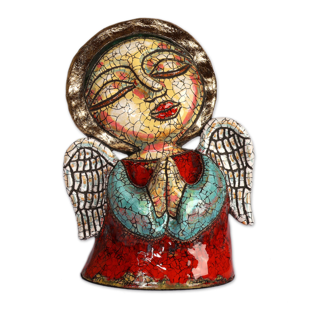 Artisan-Handmade Crackled Ceramic Sculpture of Praying Angel - Devoted Guardian
