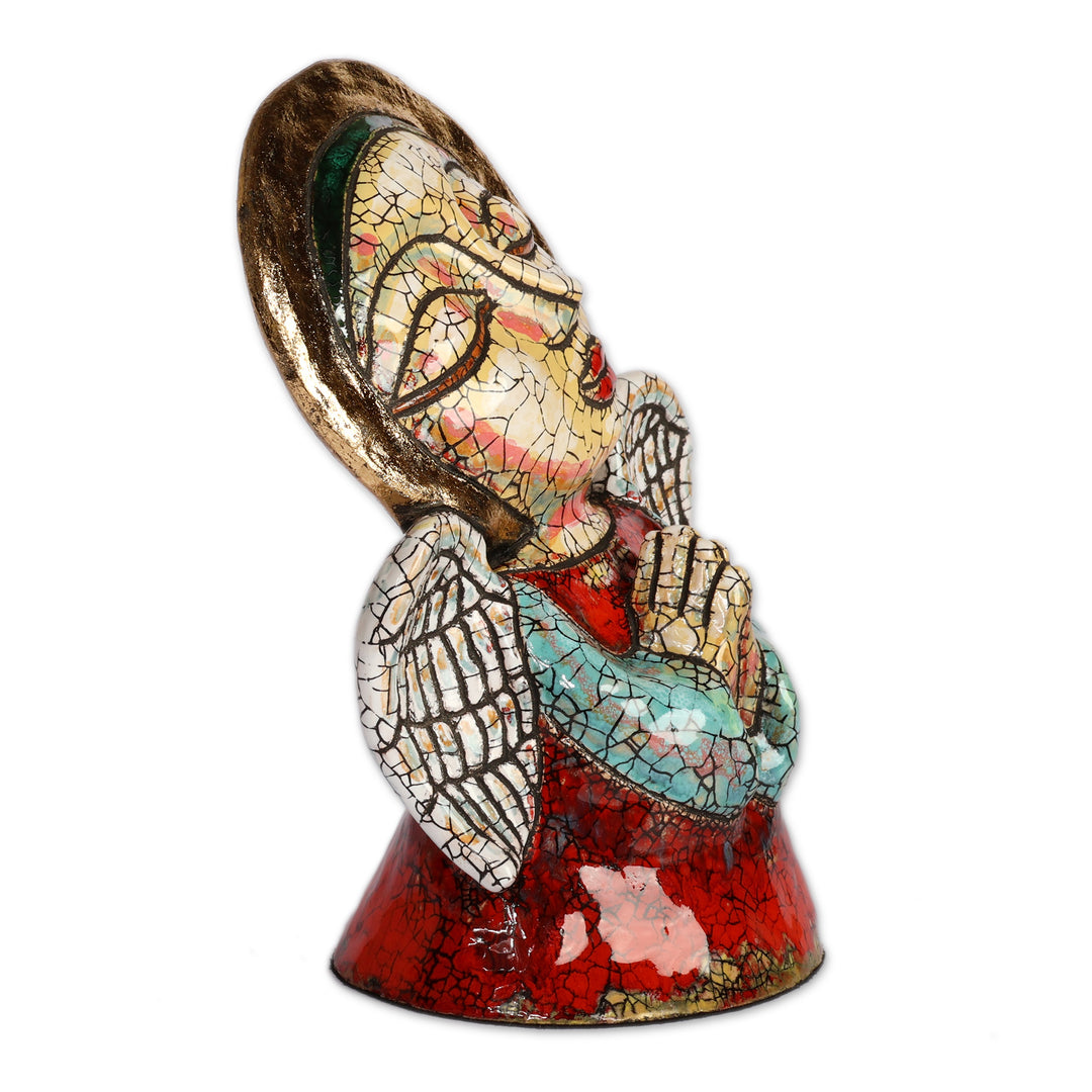 Artisan-Handmade Crackled Ceramic Sculpture of Praying Angel - Devoted Guardian