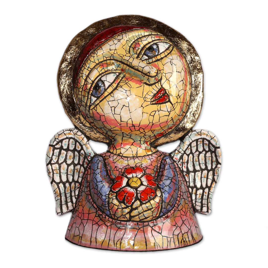Fair Trade Crackled Ceramic Sculpture of Angel and Flower - Harmonious Guardian