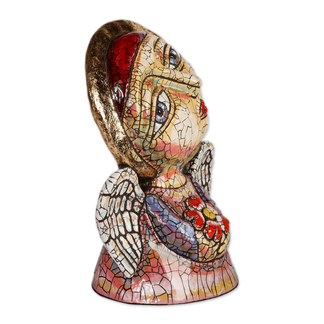Fair Trade Crackled Ceramic Sculpture of Angel and Flower - Harmonious Guardian