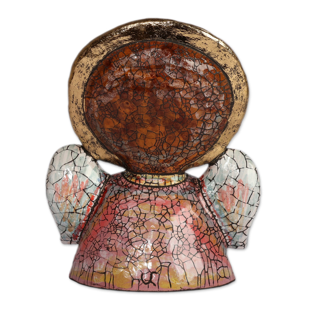 Fair Trade Crackled Ceramic Sculpture of Angel and Flower - Harmonious Guardian