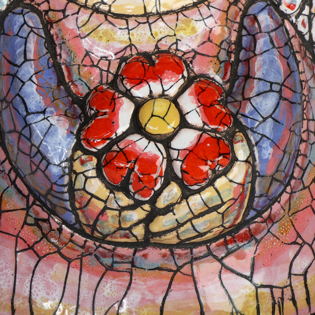 Fair Trade Crackled Ceramic Sculpture of Angel and Flower - Harmonious Guardian