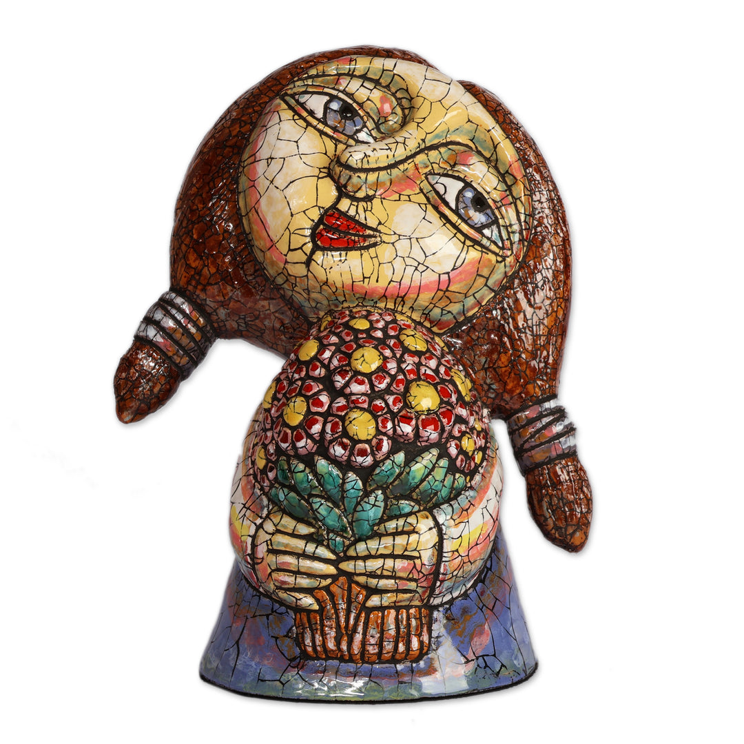 Folk Art Armenian Antiqued Ceramic Sculpture of Flower Girl - Bloom Dame