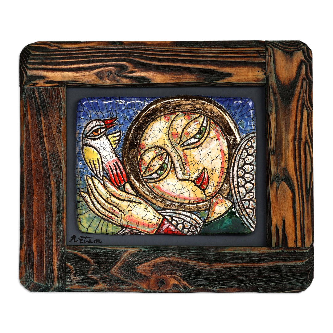 Beech Wood-Framed Antiqued Handcrafted Ceramic Wall Art - Bird and Girl