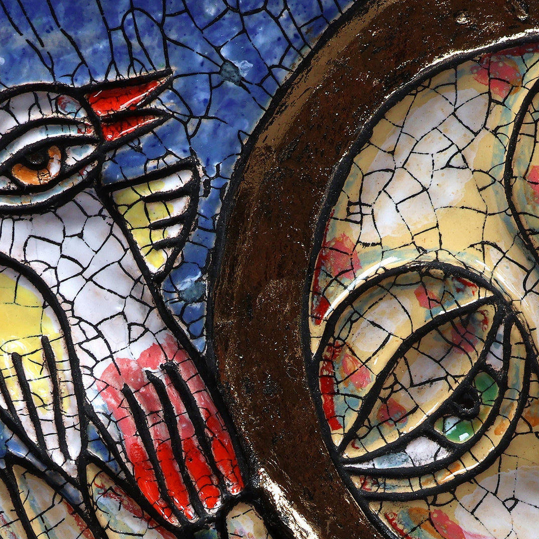 Beech Wood-Framed Antiqued Handcrafted Ceramic Wall Art - Bird and Girl