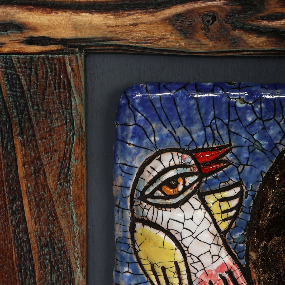 Beech Wood-Framed Antiqued Handcrafted Ceramic Wall Art - Bird and Girl