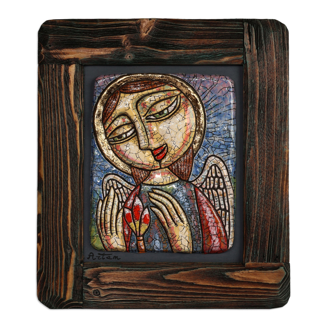 Folk Art Angel and Flower Ceramic Wall Art with Wood Frame - Angelic Bloom
