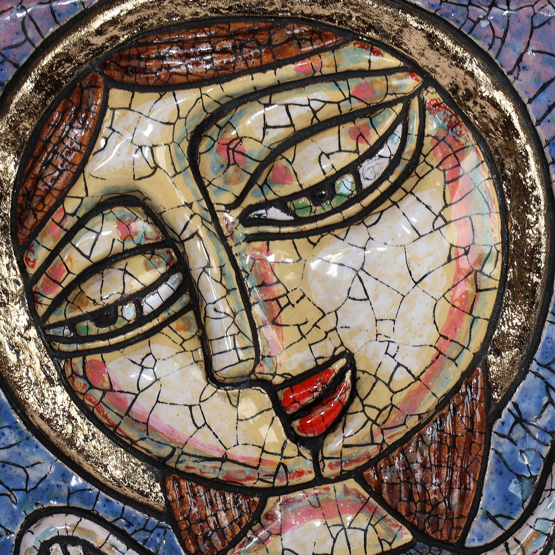 Folk Art Angel and Flower Ceramic Wall Art with Wood Frame - Angelic Bloom