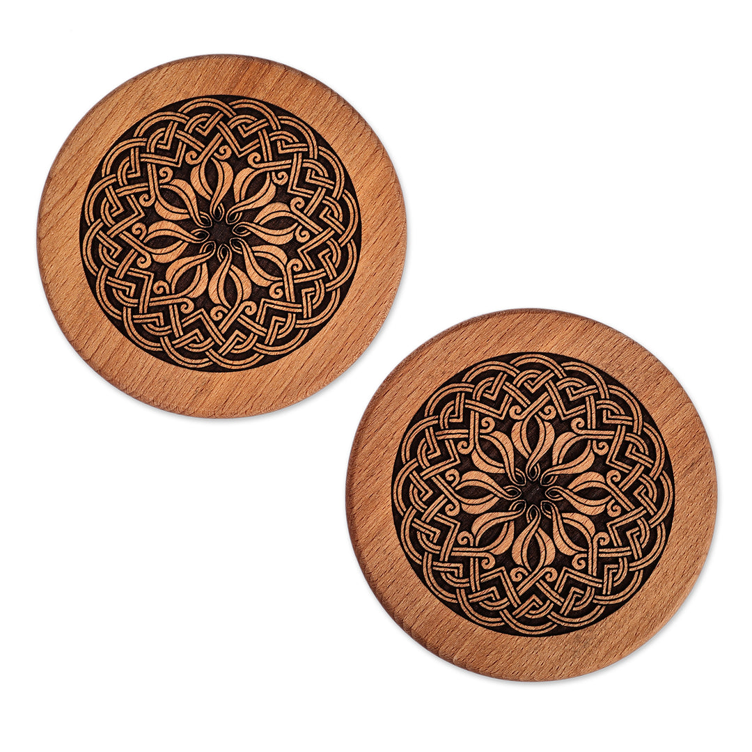 Hand-Carved Pair of Floral Beechwood Coasters from Armenia - Cycle of Taste