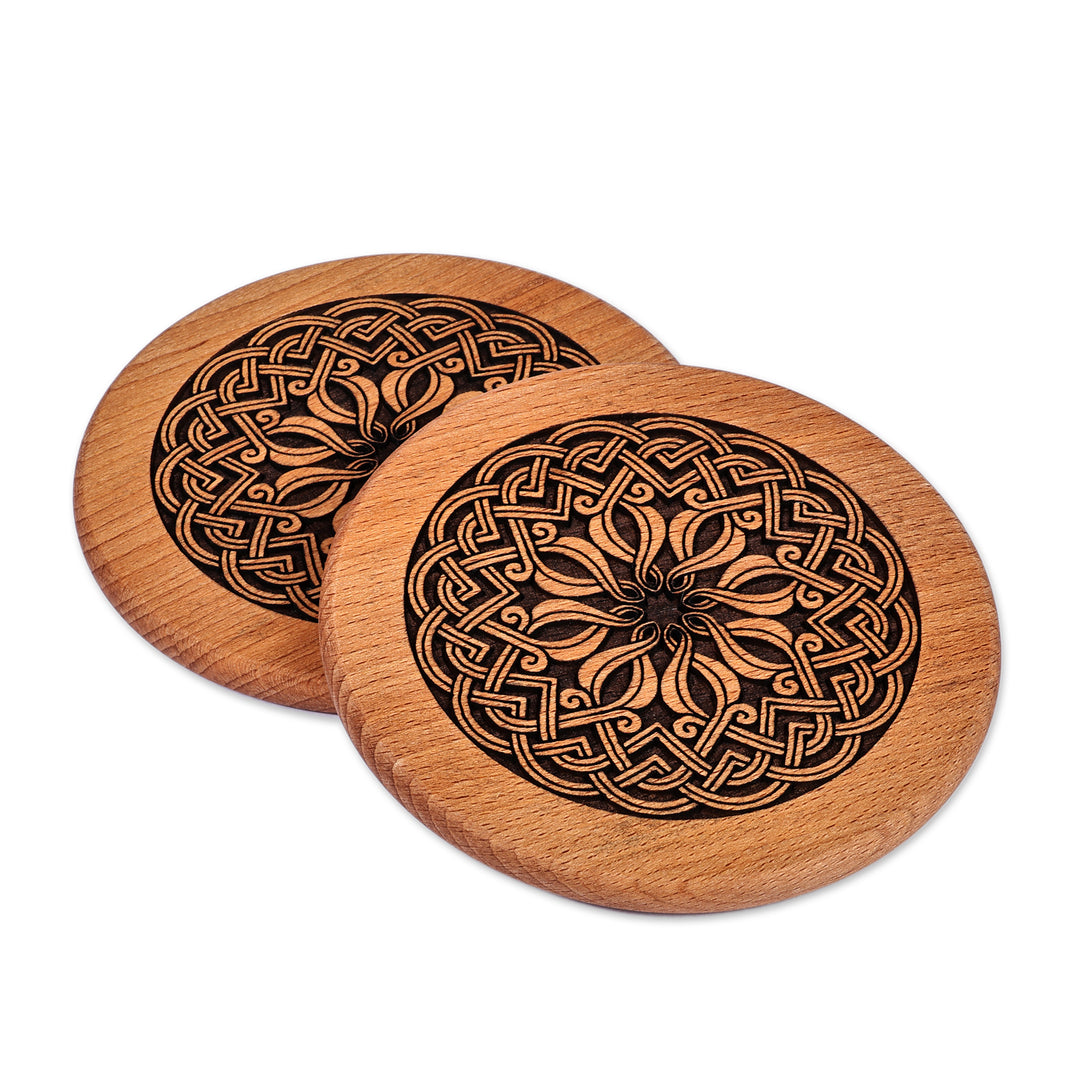 Hand-Carved Pair of Floral Beechwood Coasters from Armenia - Cycle of Taste