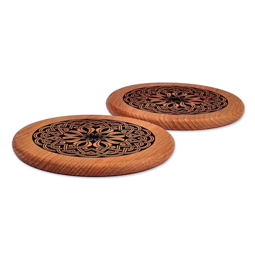 Hand-Carved Pair of Floral Beechwood Coasters from Armenia - Cycle of Taste