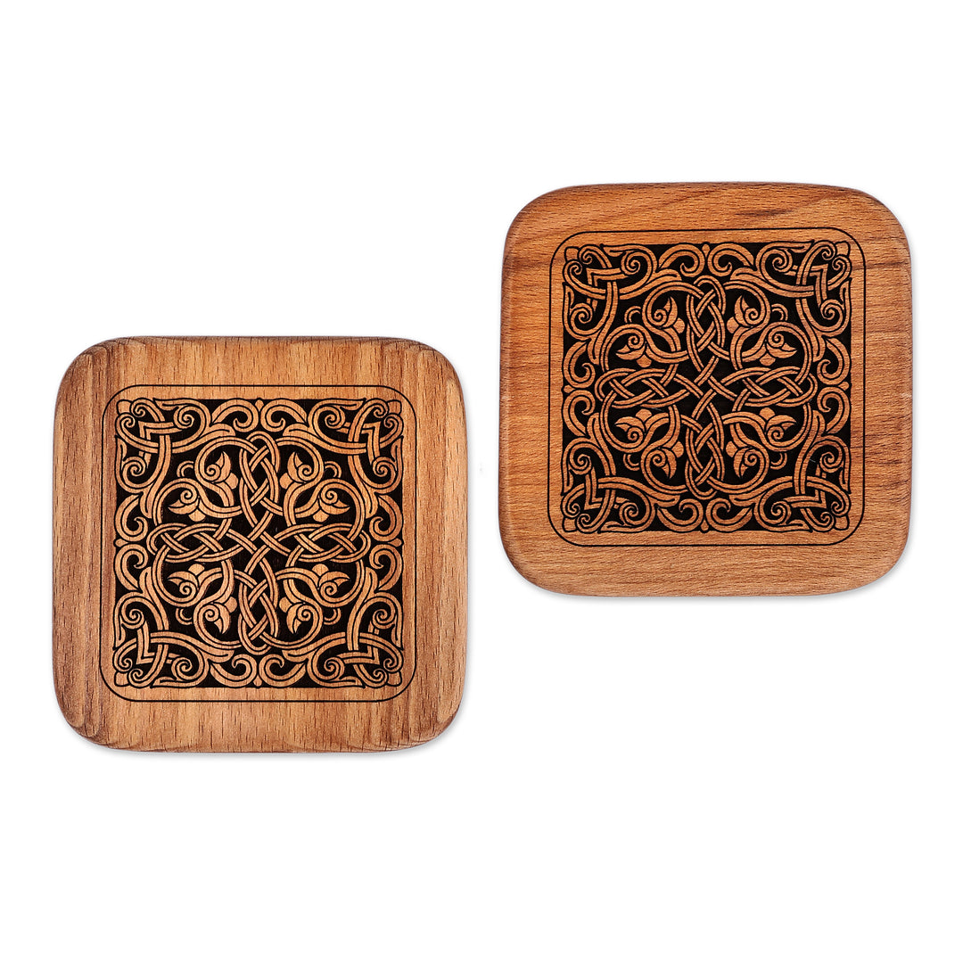 Vine-Themed Pair of Square Beechwood Coasters from Armenia - Luscious Vines