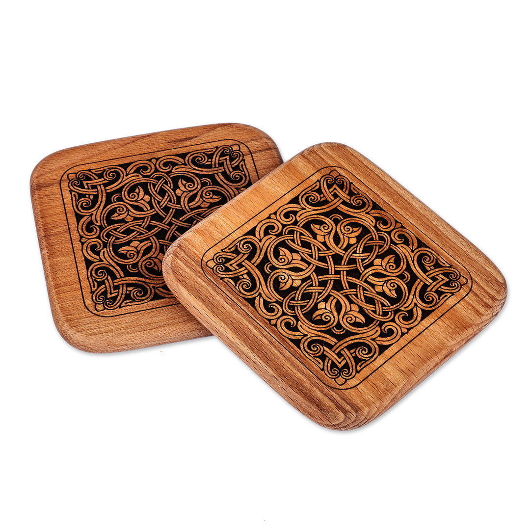 Vine-Themed Pair of Square Beechwood Coasters from Armenia - Luscious Vines
